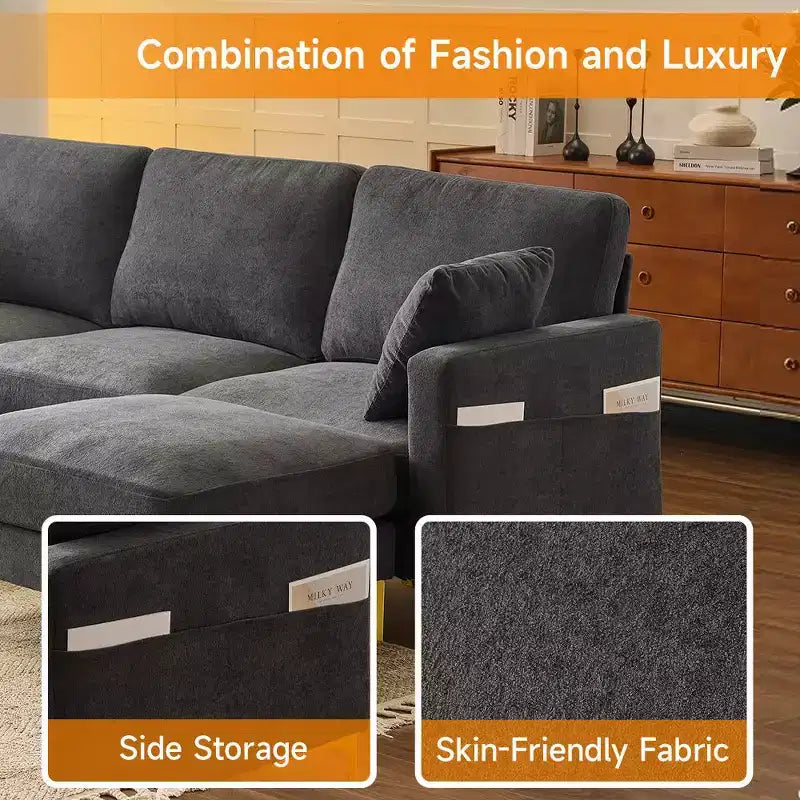 Karl Home | Canapé moderne en chenille en U gris de 254 cm de largeur avec accoudoir carré et rangement latéral