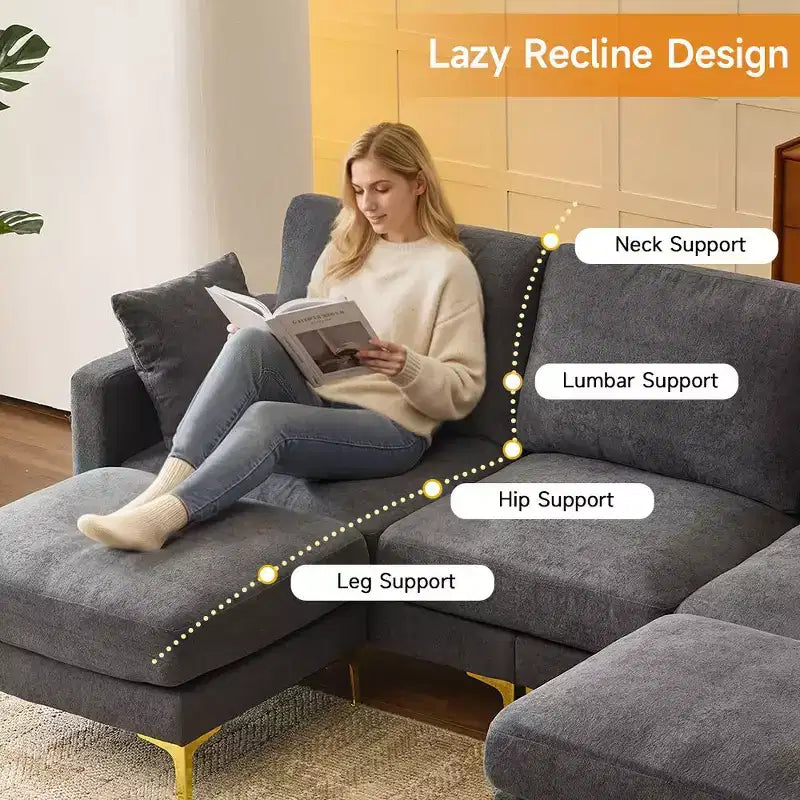 Karl Home | Canapé moderne en chenille en U gris de 254 cm de largeur avec accoudoir carré et rangement latéral