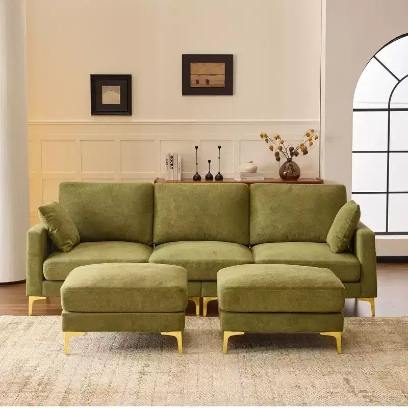 Karl Home | Canapé moderne en chenille en U gris de 254 cm de largeur avec accoudoir carré et rangement latéral