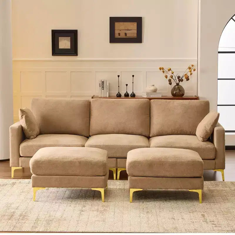 Karl Home | Canapé moderne en chenille en U gris de 254 cm de largeur avec accoudoir carré et rangement latéral