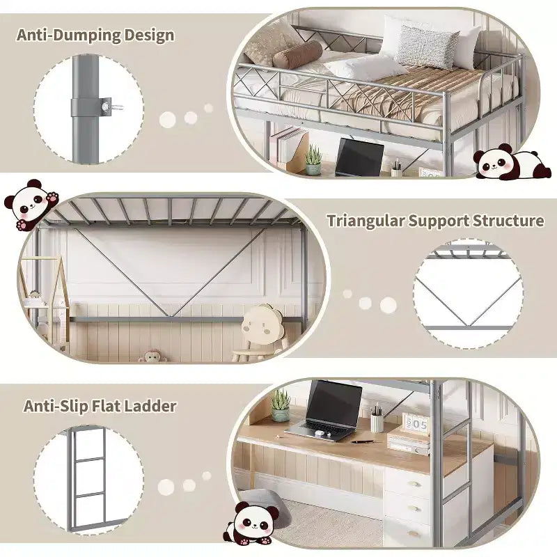 Lit mezzanine une place, cadre en métal robuste avec garde-corps arqué, échelles plates et support en lattes d'acier, sommier tapissier non requis, peu encombrant
