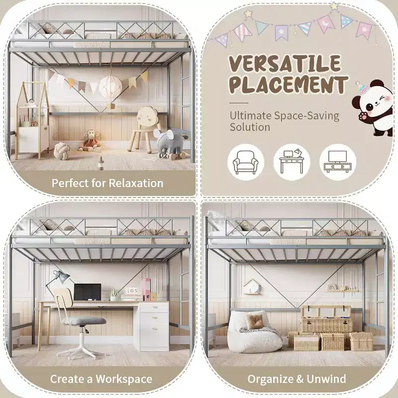 Lit mezzanine une place, cadre en métal robuste avec garde-corps arqué, échelles plates et support en lattes d'acier, sommier tapissier non requis, peu encombrant