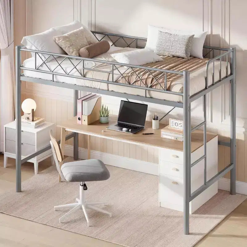 Lit mezzanine une place, cadre en métal robuste avec garde-corps arqué, échelles plates et support en lattes d'acier, sommier tapissier non requis, peu encombrant