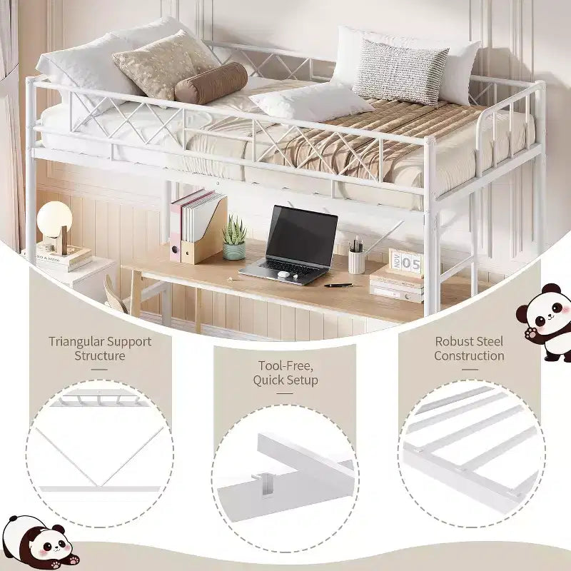 Lit mezzanine une place, cadre en métal robuste avec garde-corps arqué, échelles plates et support en lattes d'acier, sommier tapissier non requis, peu encombrant