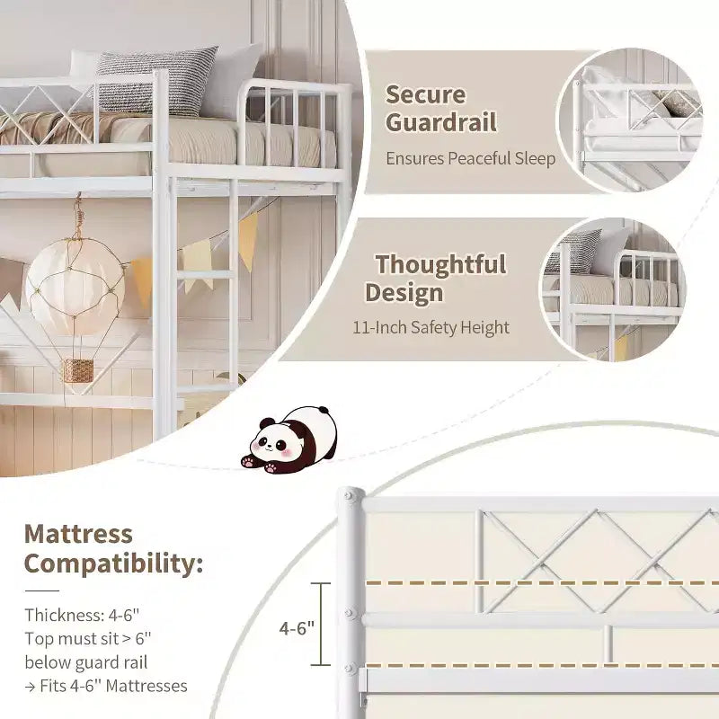 Lit mezzanine une place, cadre en métal robuste avec garde-corps arqué, échelles plates et support en lattes d'acier, sommier tapissier non requis, peu encombrant
