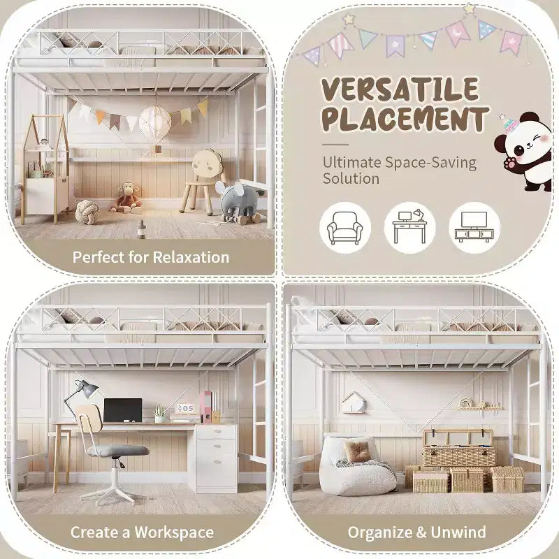 Lit mezzanine une place, cadre en métal robuste avec garde-corps arqué, échelles plates et support en lattes d'acier, sommier tapissier non requis, peu encombrant