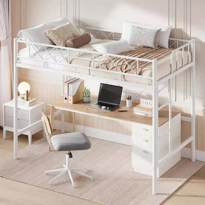 Lit mezzanine une place, cadre en métal robuste avec garde-corps arqué, échelles plates et support en lattes d'acier, sommier tapissier non requis, peu encombrant