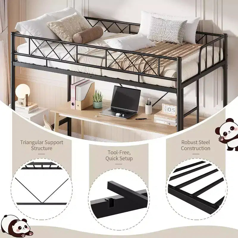 Lit mezzanine une place, cadre en métal robuste avec garde-corps arqué, échelles plates et support en lattes d'acier, sommier tapissier non requis, peu encombrant