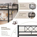 Lit mezzanine une place, cadre en métal robuste avec garde-corps arqué, échelles plates et support en lattes d'acier, sommier tapissier non requis, peu encombrant