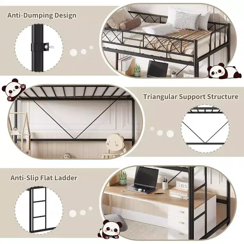Lit mezzanine une place, cadre en métal robuste avec garde-corps arqué, échelles plates et support en lattes d'acier, sommier tapissier non requis, peu encombrant