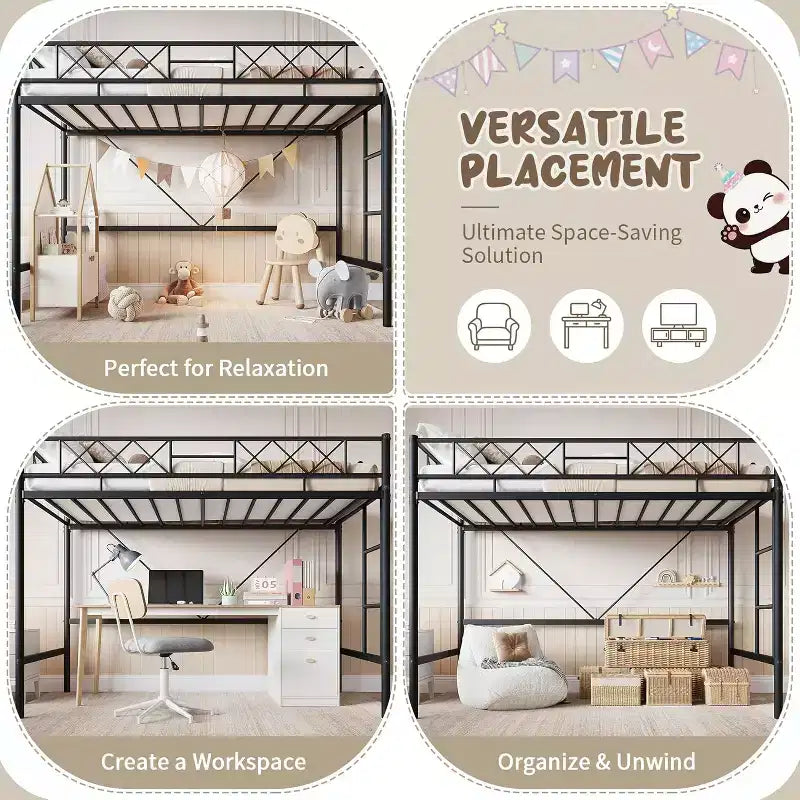 Lit mezzanine une place, cadre en métal robuste avec garde-corps arqué, échelles plates et support en lattes d'acier, sommier tapissier non requis, peu encombrant