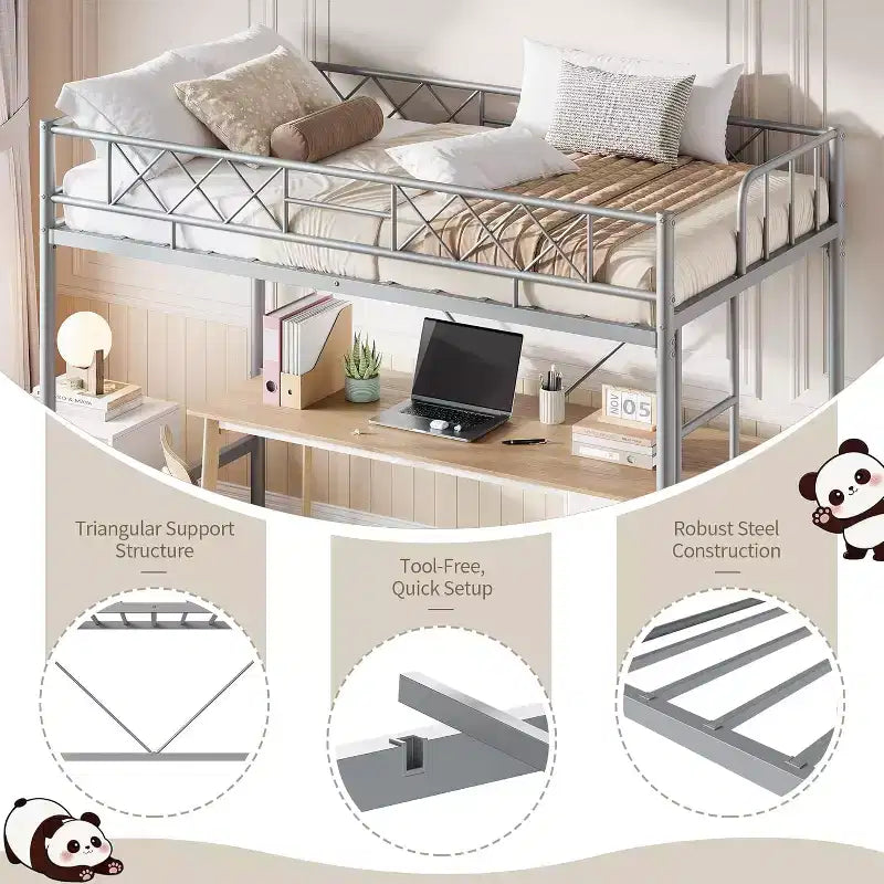 Lit mezzanine une place, cadre en métal robuste avec garde-corps arqué, échelles plates et support en lattes d'acier, sommier tapissier non requis, peu encombrant