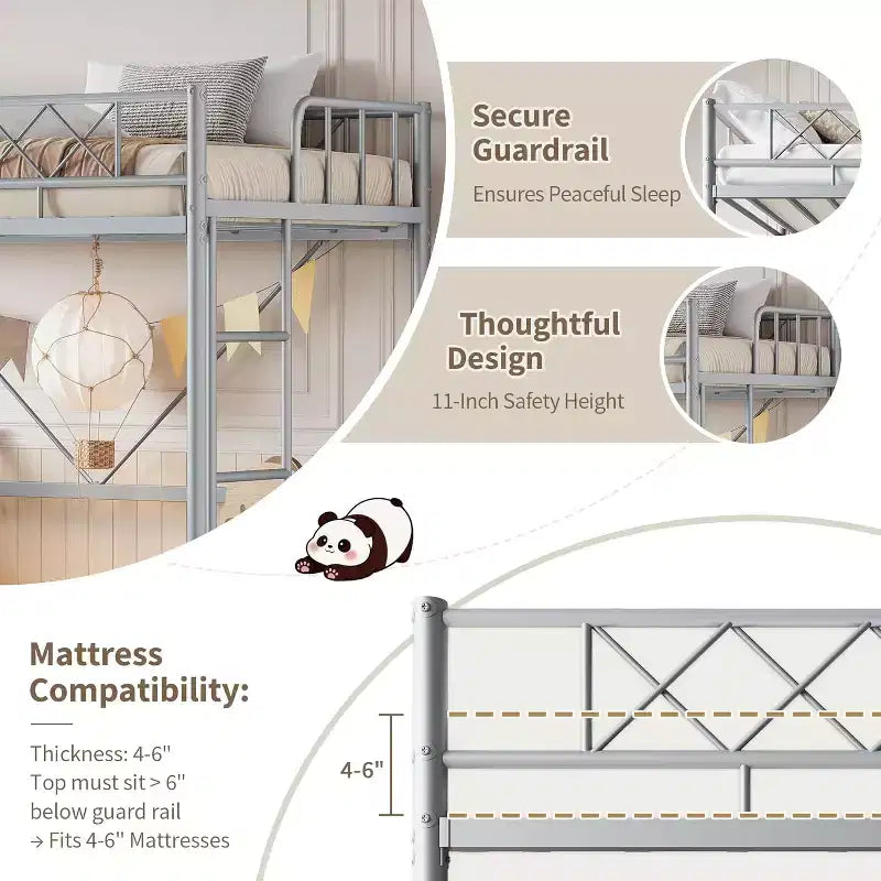 Lit mezzanine une place, cadre en métal robuste avec garde-corps arqué, échelles plates et support en lattes d'acier, sommier tapissier non requis, peu encombrant