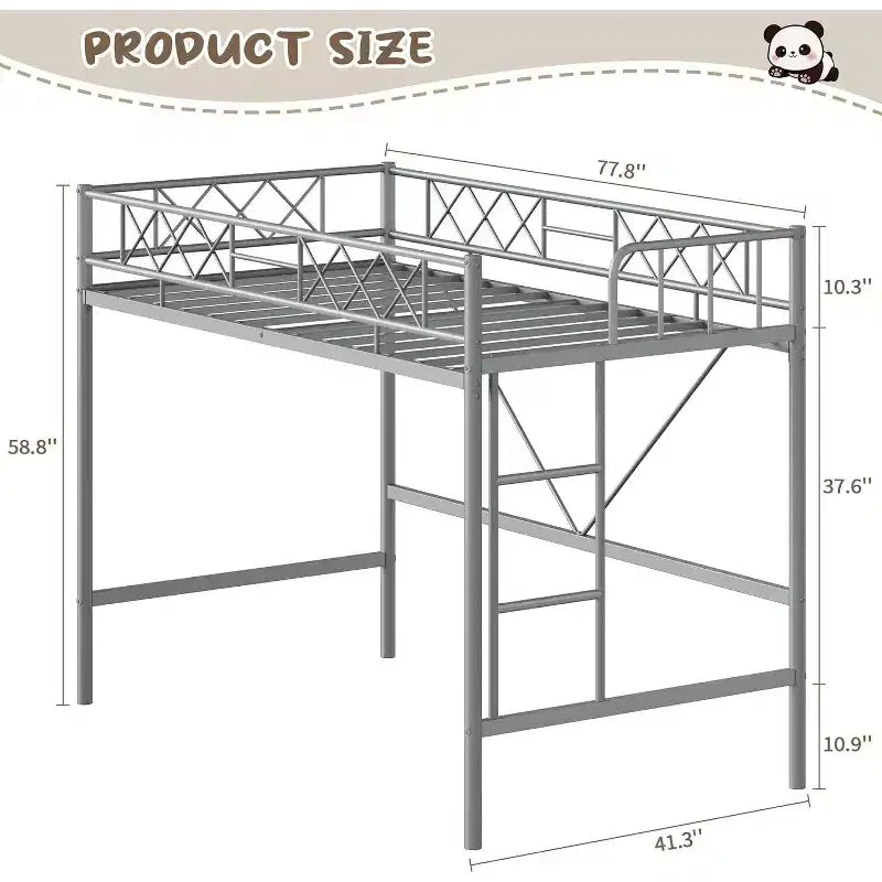 Lit mezzanine une place, cadre en métal robuste avec garde-corps arqué, échelles plates et support en lattes d'acier, sommier tapissier non requis, peu encombrant