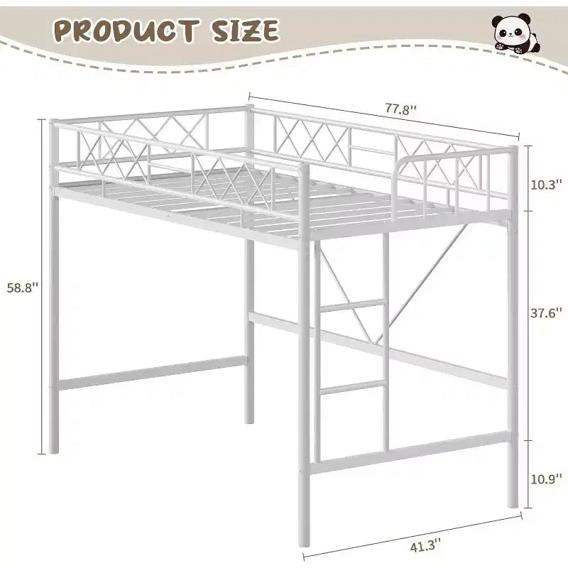 Lit mezzanine une place, cadre en métal robuste avec garde-corps arqué, échelles plates et support en lattes d'acier, sommier tapissier non requis, peu encombrant