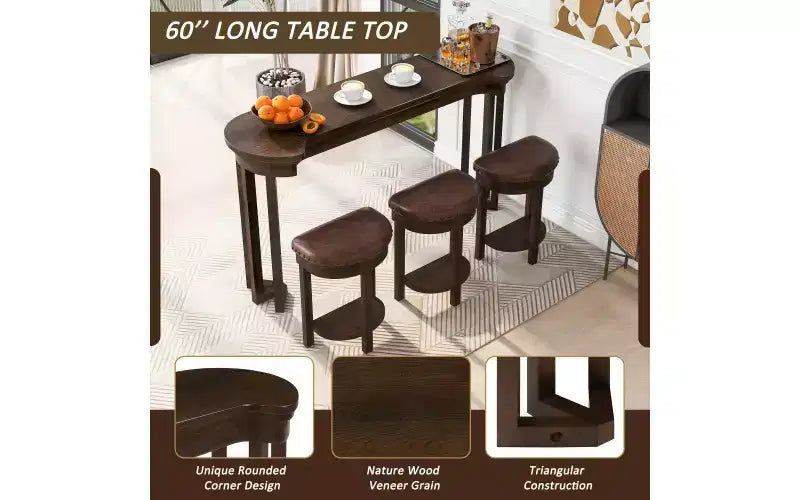 Ensemble de bar 4 pièces avec 3 tabourets rembourrés en PU, table de salle à manger hauteur comptoir, ensemble petit-déjeuner peu encombrant pour cuisine, salle à manger, expresso