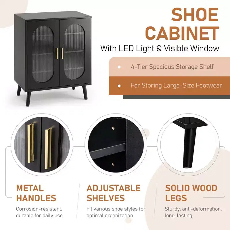 Meuble à chaussures surélevé avec panneau solaire et 2 portes Karl Home, LED 7 couleurs USB, 4 niveaux, 68 cm (L)