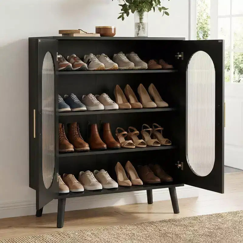 Meuble à chaussures surélevé avec panneau solaire et 2 portes Karl Home, LED 7 couleurs USB, 4 niveaux, 68 cm (L)