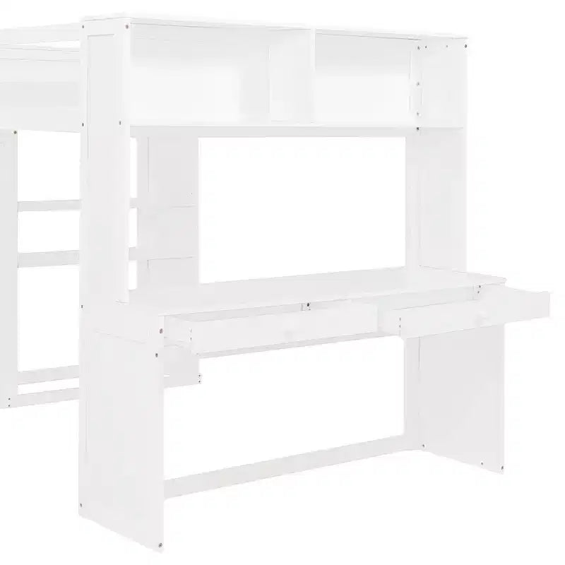 Lit superposé en L Luxystar, grand au-dessus du petit, avec bureau, bibliothèque et armoire