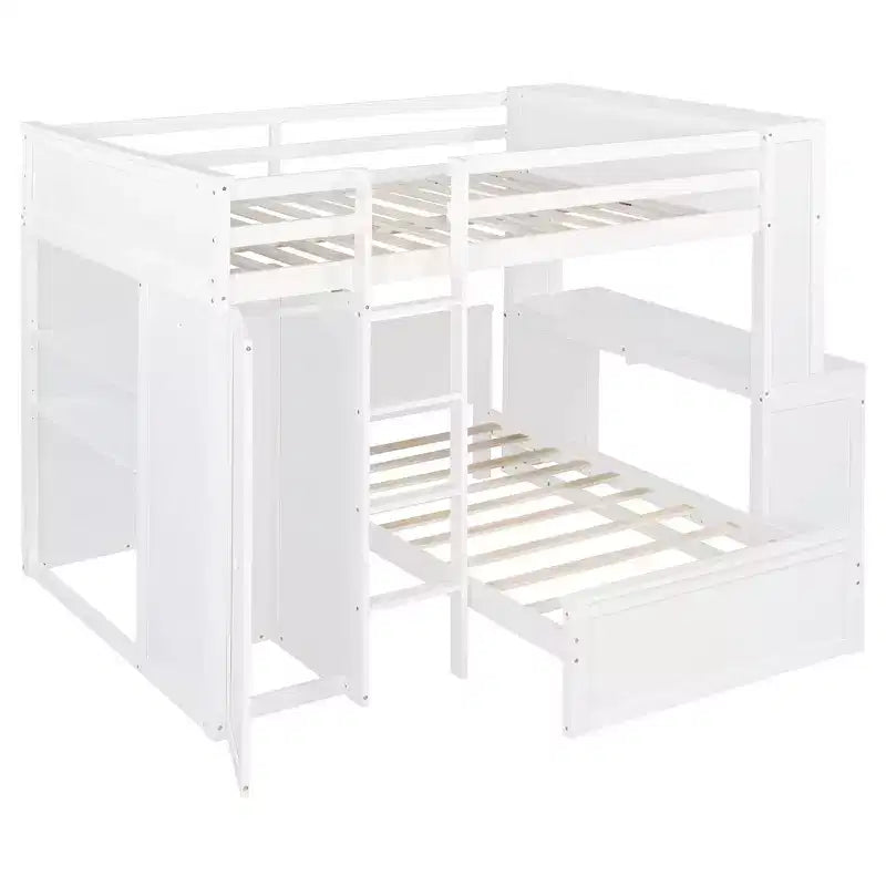 Lit superposé en L Luxystar, grand au-dessus du petit, avec bureau, bibliothèque et armoire