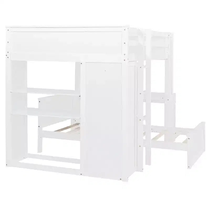 Lit superposé en L Luxystar, grand au-dessus du petit, avec bureau, bibliothèque et armoire