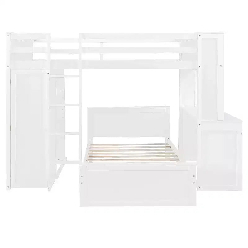 Lit superposé en L Luxystar, grand au-dessus du petit, avec bureau, bibliothèque et armoire