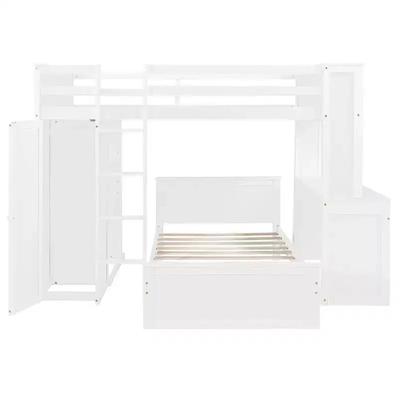 Lit superposé en L Luxystar, grand au-dessus du petit, avec bureau, bibliothèque et armoire