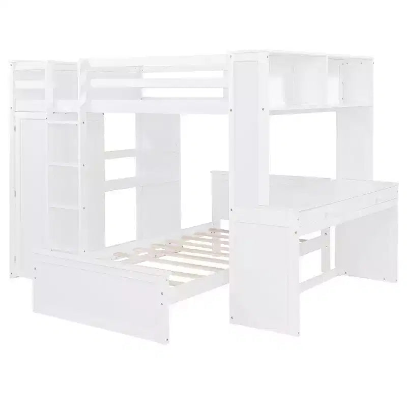 Lit superposé en L Luxystar, grand au-dessus du petit, avec bureau, bibliothèque et armoire