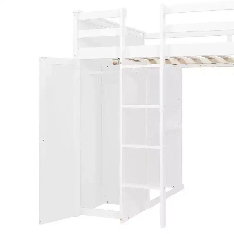 Lit superposé en L Luxystar, grand au-dessus du petit, avec bureau, bibliothèque et armoire