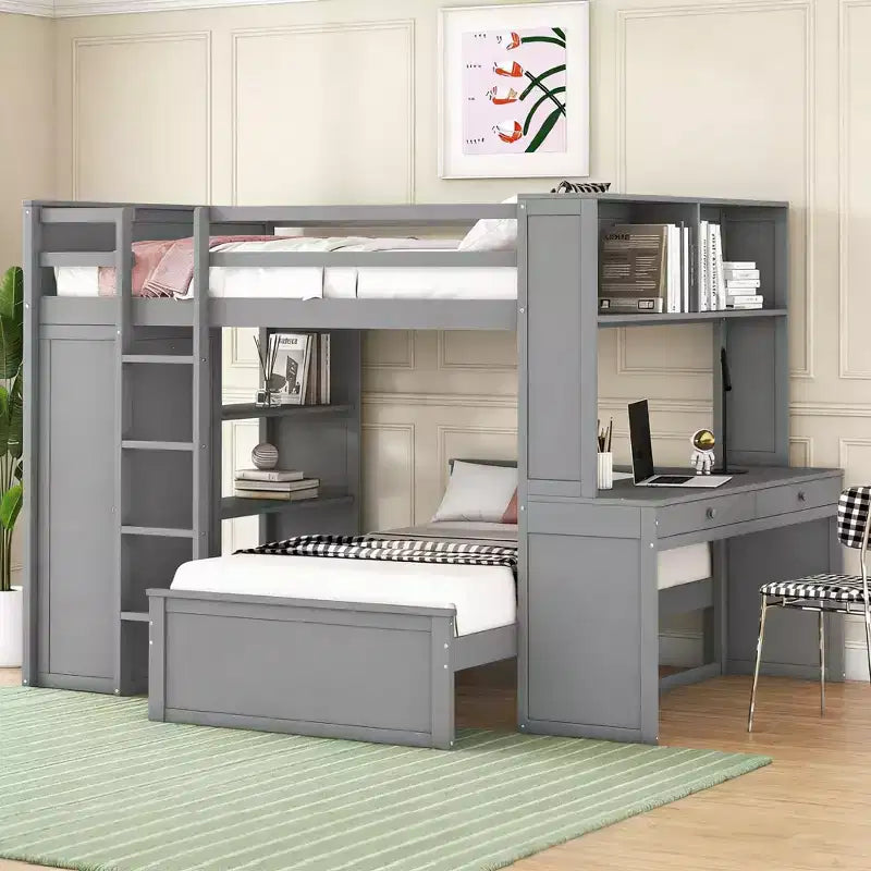 Lit superposé en L Luxystar, grand au-dessus du petit, avec bureau, bibliothèque et armoire