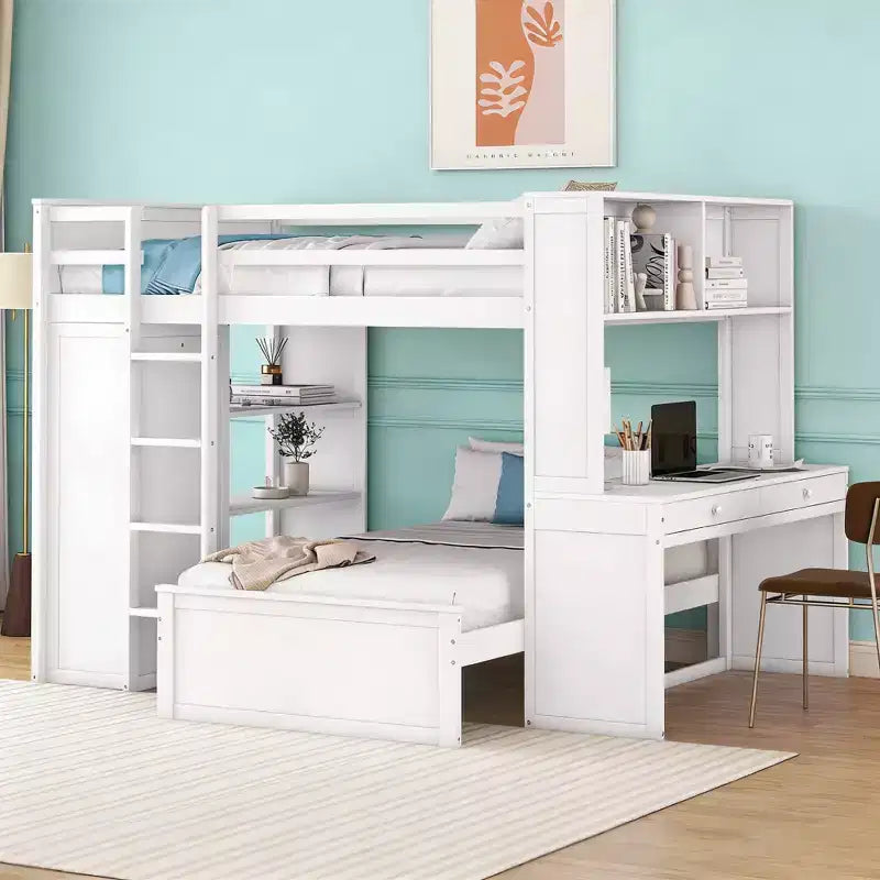 Lit superposé en L Luxystar, grand au-dessus du petit, avec bureau, bibliothèque et armoire
