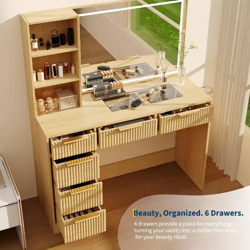 Coiffeuse de maquillage cannelée de 52 pouces avec miroir, plateau en verre, 6 tiroirs, étagères ouvertes et support pour sèche-cheveux pour chambre à coucher