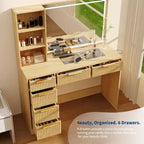Coiffeuse de maquillage cannelée de 52 pouces avec miroir, plateau en verre, 6 tiroirs, étagères ouvertes et support pour sèche-cheveux pour chambre à coucher
