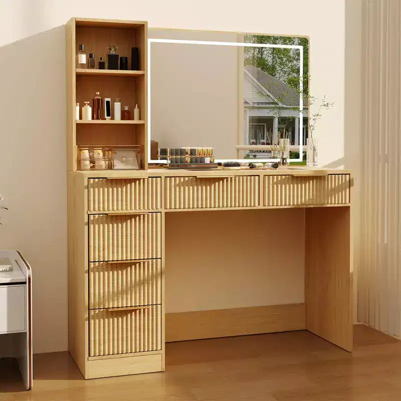 Coiffeuse de maquillage cannelée de 52 pouces avec miroir, plateau en verre, 6 tiroirs, étagères ouvertes et support pour sèche-cheveux pour chambre à coucher