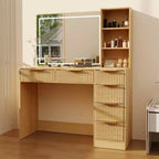Coiffeuse de maquillage cannelée de 52 pouces avec miroir, plateau en verre, 6 tiroirs, étagères ouvertes et support pour sèche-cheveux pour chambre à coucher
