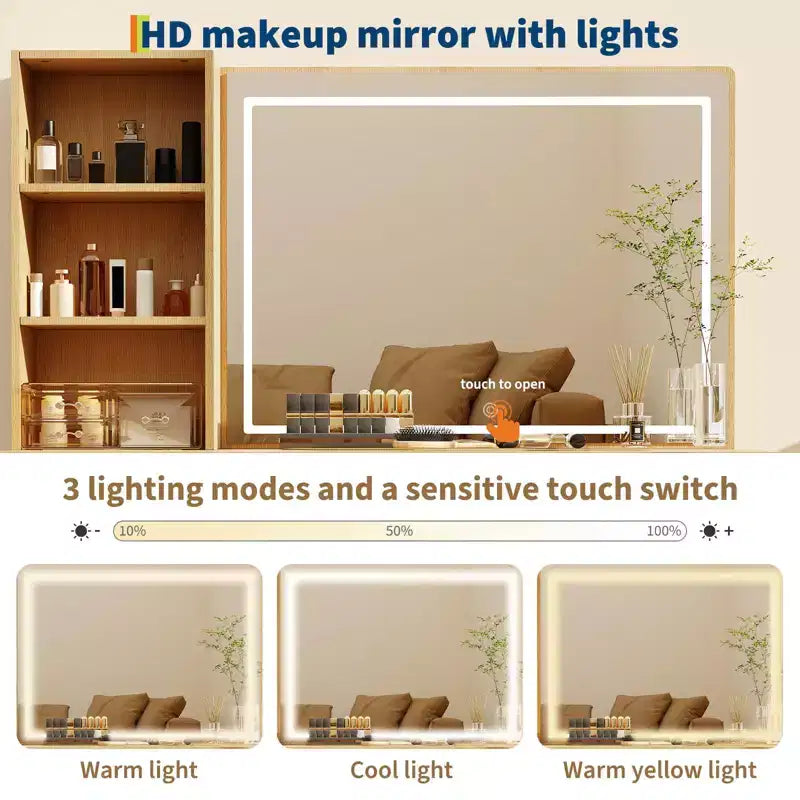 Coiffeuse de maquillage cannelée de 52 pouces avec miroir, plateau en verre, 6 tiroirs, étagères ouvertes et support pour sèche-cheveux pour chambre à coucher