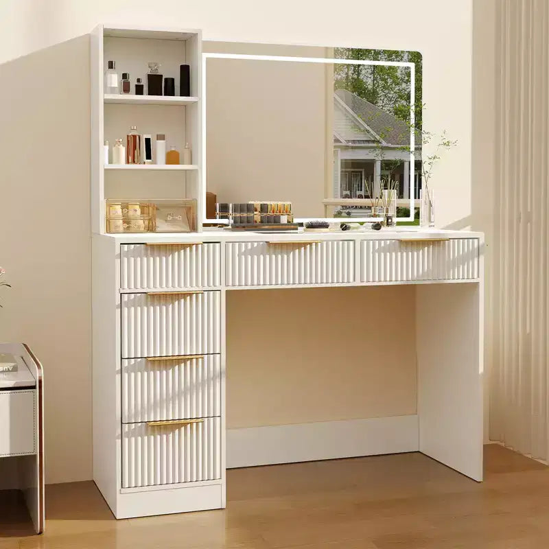 Coiffeuse de maquillage cannelée de 52 pouces avec miroir, plateau en verre, 6 tiroirs, étagères ouvertes et support pour sèche-cheveux pour chambre à coucher