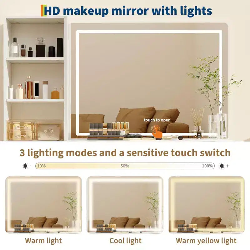 Coiffeuse de maquillage cannelée de 52 pouces avec miroir, plateau en verre, 6 tiroirs, étagères ouvertes et support pour sèche-cheveux pour chambre à coucher