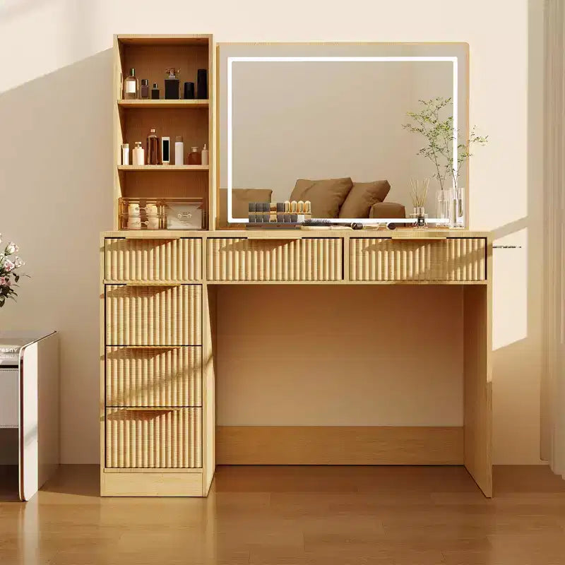Coiffeuse de maquillage cannelée de 52 pouces avec miroir, plateau en verre, 6 tiroirs, étagères ouvertes et support pour sèche-cheveux pour chambre à coucher