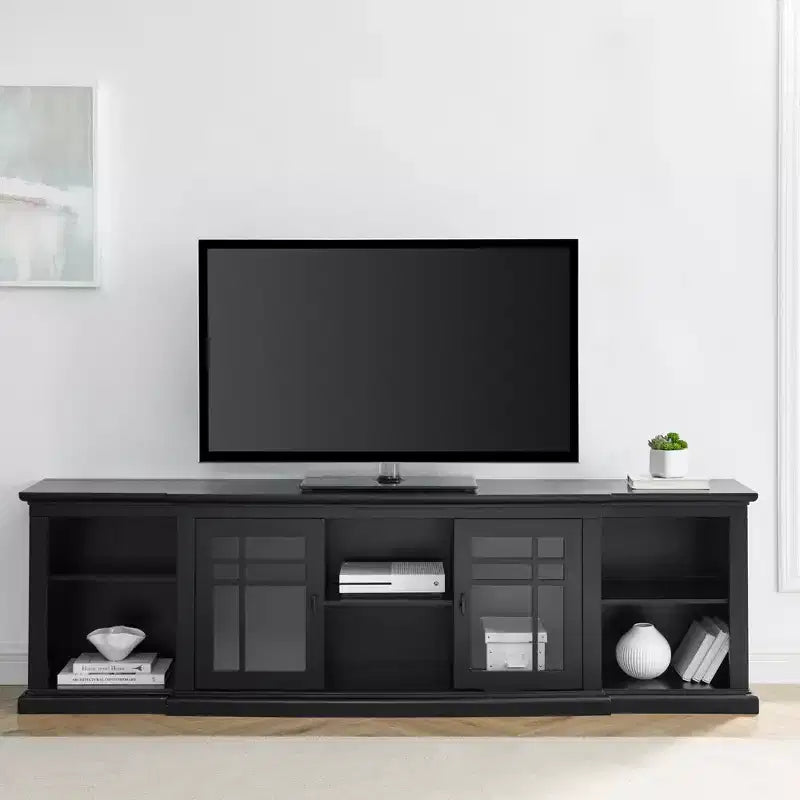 Meuble TV de style transitionnel avec 2 portes vitrées pour téléviseurs jusqu'à 85 pouces