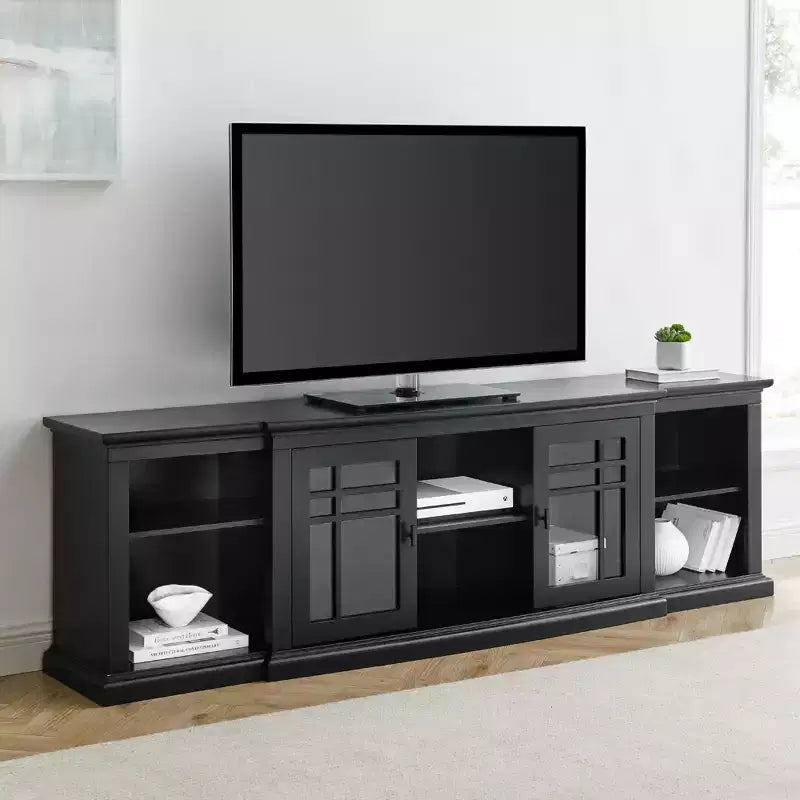 Meuble TV de style transitionnel avec 2 portes vitrées pour téléviseurs jusqu'à 85 pouces