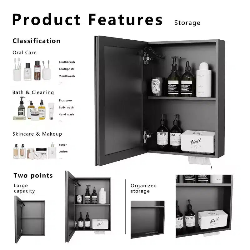 Armoire à pharmacie de salle de bain murale Zeus & Ruta 16x22 avec miroir, lumière blanche unicolore et anti-buée, étagères de rangement