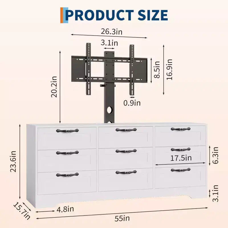 Meuble TV avec support pour téléviseur de 55 pouces, commode à 9 tiroirs, centre de divertissement avec rangement, meuble console média moderne en bois pour salon et chambre