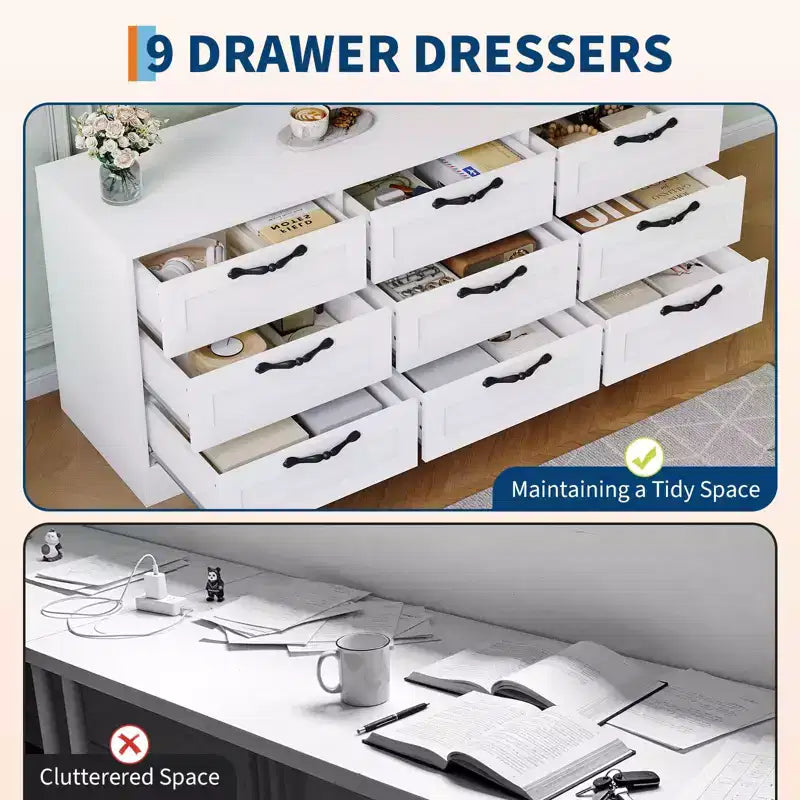 Meuble TV avec support pour téléviseur de 55 pouces, commode à 9 tiroirs, centre de divertissement avec rangement, meuble console média moderne en bois pour salon et chambre
