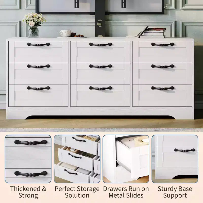 Meuble TV avec support pour téléviseur de 55 pouces, commode à 9 tiroirs, centre de divertissement avec rangement, meuble console média moderne en bois pour salon et chambre