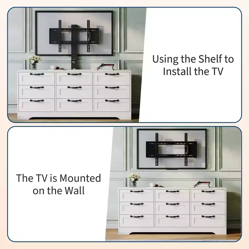 Meuble TV avec support pour téléviseur de 55 pouces, commode à 9 tiroirs, centre de divertissement avec rangement, meuble console média moderne en bois pour salon et chambre