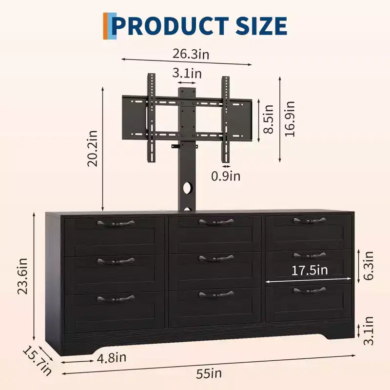 Meuble TV avec support pour téléviseur de 55 pouces, commode à 9 tiroirs, centre de divertissement avec rangement, meuble console média moderne en bois pour salon et chambre
