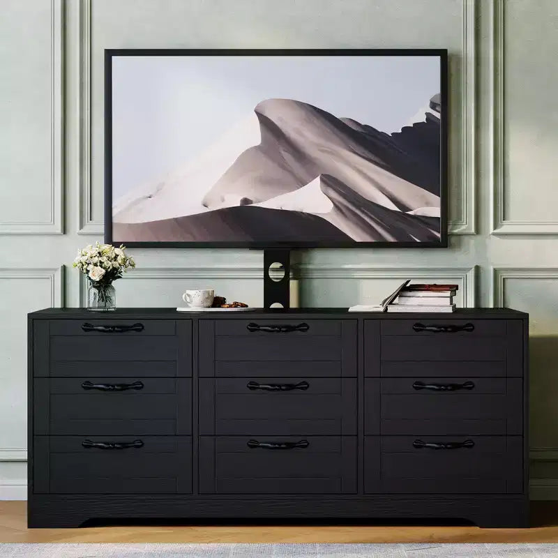 Meuble TV avec support pour téléviseur de 55 pouces, commode à 9 tiroirs, centre de divertissement avec rangement, meuble console média moderne en bois pour salon et chambre