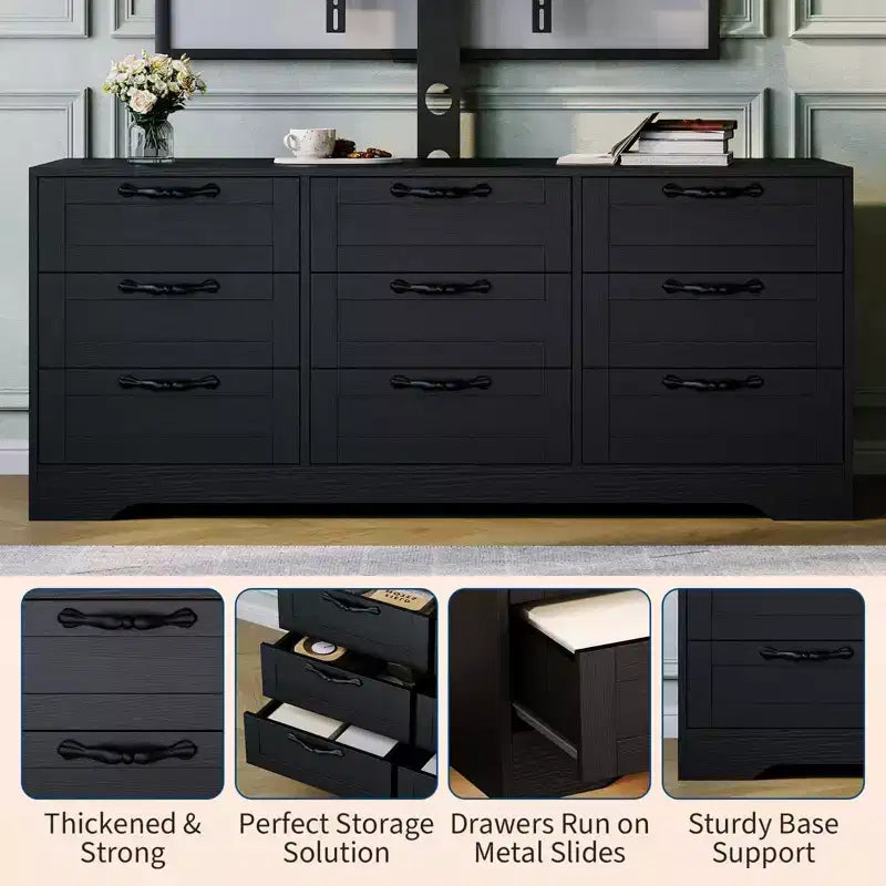 Meuble TV avec support pour téléviseur de 55 pouces, commode à 9 tiroirs, centre de divertissement avec rangement, meuble console média moderne en bois pour salon et chambre