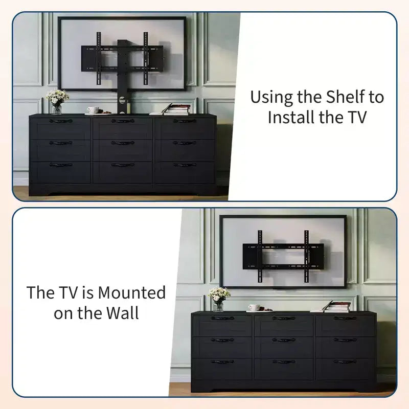 Meuble TV avec support pour téléviseur de 55 pouces, commode à 9 tiroirs, centre de divertissement avec rangement, meuble console média moderne en bois pour salon et chambre